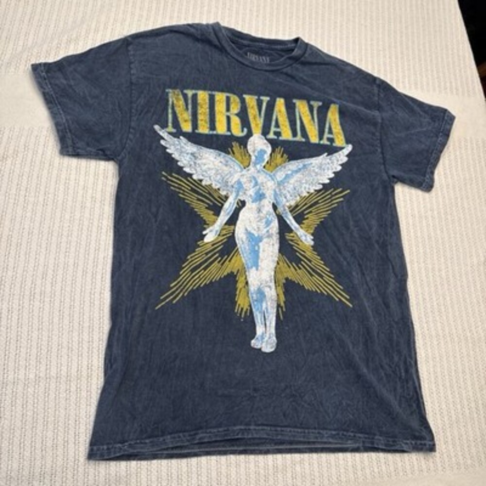 Nirvana In Utero Live '93 Blue Short Sleeve Acid Washed Shirt Men's Medium